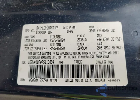 2007 Dodge Ram 1500 Slt from USA, damaged, VIN 1D7HA18P07S113894